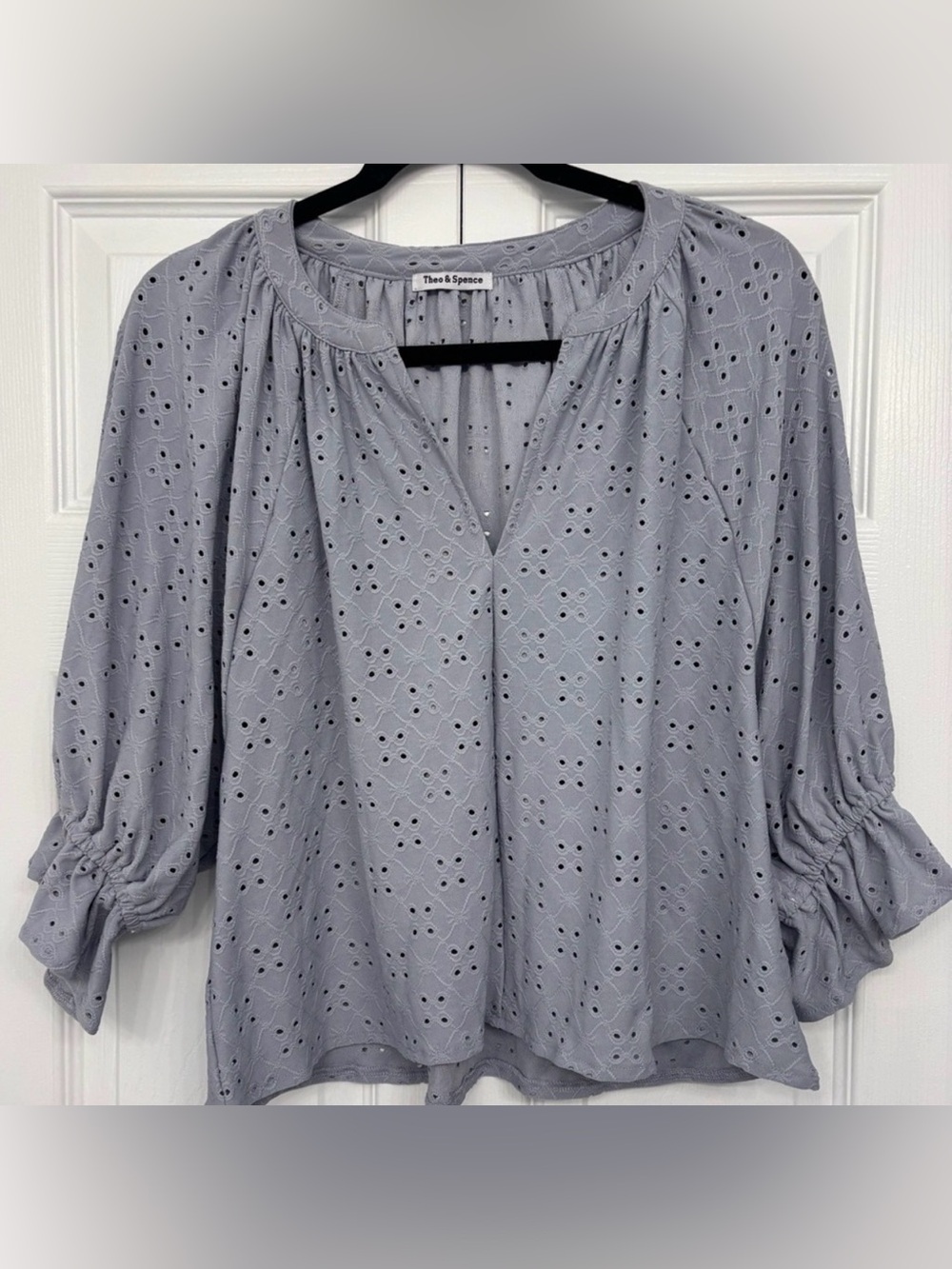 Theo & Spence muted gray/pale blue eyelet blouse size L